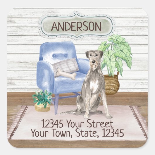 Sticker Carré Irish Wolfhound Cosy New Home Adresse (Devant)