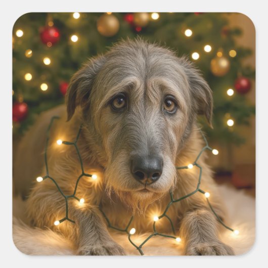 Sticker Carré Irish Wolfhound Tangled In Holiday Lights (Devant)