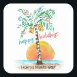 Sticker Carré Island Holiday Plage tropicale Palm Christmas<br><div class="desc">Les stickers Tropical beach thème Christmas (ou enveloppes de phoques) présentent une île aquarelle au soleil avec un palmier décoré de lampes à cordes et d'ornements,  et un accueil "happy holiday". Art par KL Stock</div>