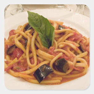 Sticker Carré Italie, Positano. Plaque de pâtes et aubergines.