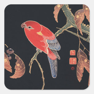 Sticker Carré Ito Jakuchu Perroquet rouge sur la branche Art jap