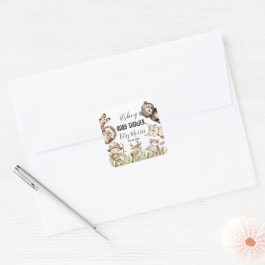 Sticker Carré its boy Rustic Woodland Baby Shower Invite (Enveloppe)