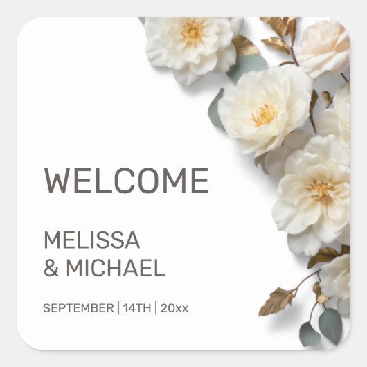Sticker Carré Ivory 3D Roses Wedding Welcome (Devant)