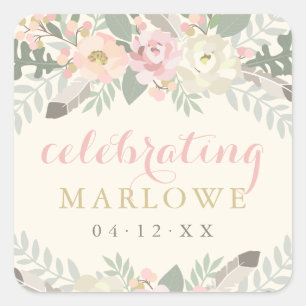Sticker Carré Ivory Rose Gold Floral Personnalisé Mariage Bride 