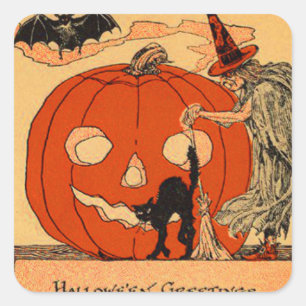 Sticker Carré Jack-o'-lantern sorcière noir chat chauve Vintage