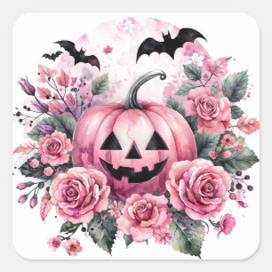 Sticker Carré Jack-o-lanterne aux roses roses et chauves-souris 