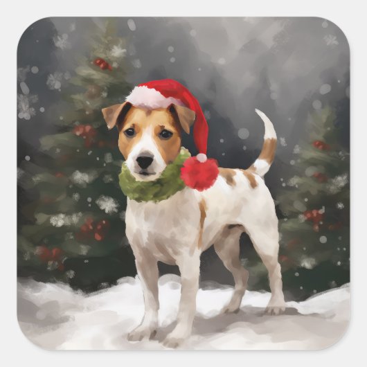 Sticker Carré Jack Russell Chien à Noël de neige (Devant)