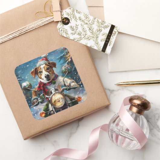 Sticker Carré Jack Russell Chien équitation Moto Noël (Cadeaux)