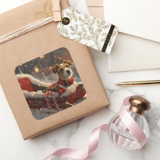 Sticker Carré Jack Russell Chien Festive de Noël (Cadeaux)