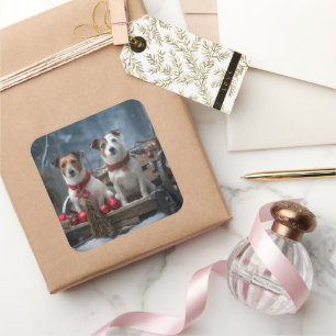 Sticker Carré Jack Russell Snowy Sleigh Décor de Noël