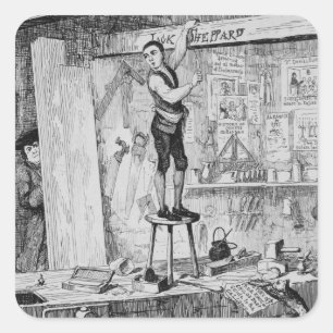 Sticker Carré Jack sculpte son nom sur une poutre dans la boutiq