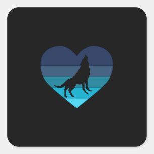 Sticker Carré J'aime les loups hurlant rétro coeur