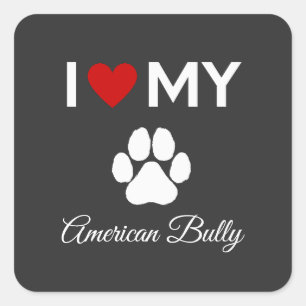 Sticker Carré J'aime mon American Bully dog texte personnalisé