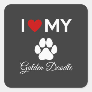 Sticker Carré J'aime mon chien Doodle doré texte personnalisé