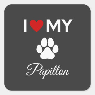Sticker Carré J'aime mon chien Papillon texte personnalisé