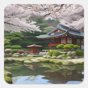 Sticker Carré Japonais Sakura Cherry Blossom Garden Shrine Pond