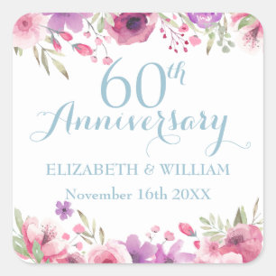 Sticker Carré Jardin de campagne Aquarelle Rose 60e anniversaire