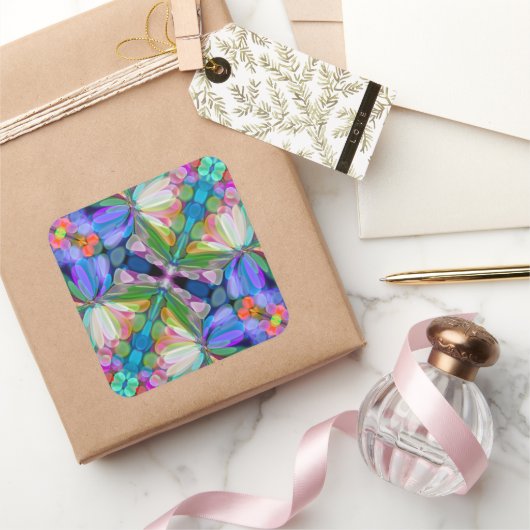 Sticker Carré Jardin de Fleur sauvage de libellules Abstrait Flo (Cadeaux)