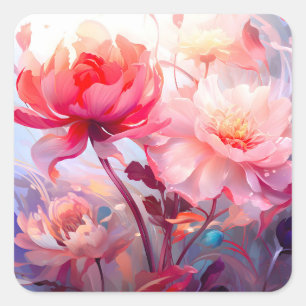 Sticker Carré Jardin de pivoines en fleurs à l'aquarelle de prin
