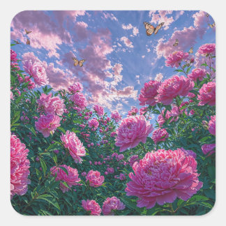 Sticker Carré Jardin de pivoines roses rêveur et papillons