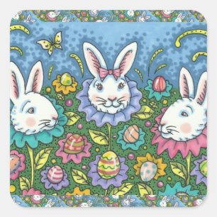 STICKER CARRÉ JARDIN D'OEUFS DE PÂQUES BLANCS, FLEURS DE RABBIT