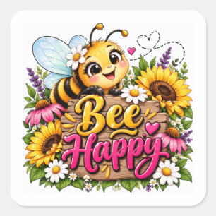 Sticker Carré Jardin Floral Abeille Heureuse