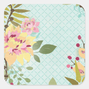 Sticker Carré Jardin floral, arrière - plan bleu