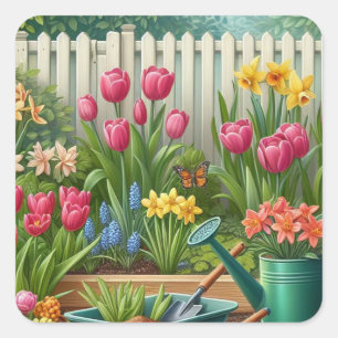 Sticker Carré Jardin Floral de Tulipe Rose