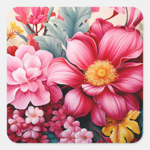 Sticker Carré Jardin floral tropical rose exotique