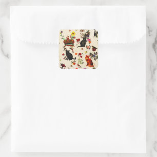 Sticker Carré Jardin floral Vintage Orange Black Cats