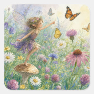 Sticker Carré Jardin lutin avec papillons