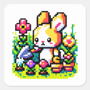 Sticker Carré Jardinage Bunny - Cute Pixel Art Design de la natu
