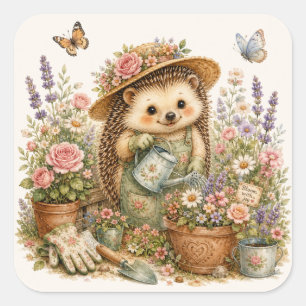 Sticker Carré Jardinage de hérisson mignon Cottagecore Fleurs