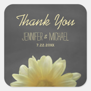 Sticker Carré Jaune Daisy Chalkboard Rustique Mariage Merci