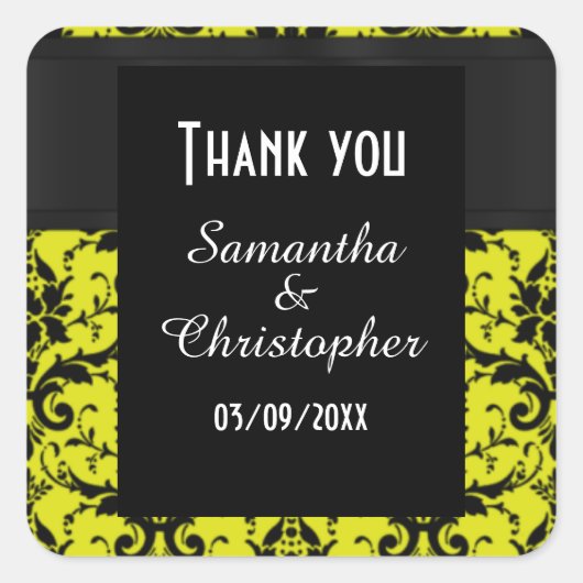 Sticker Carré Jaune et noir damassé merci (Devant)