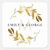 STICKER CARRÉ JAUNE OCRE GOLD FOLIAGE MONOGRAM WREATT MARIAGE (Devant)