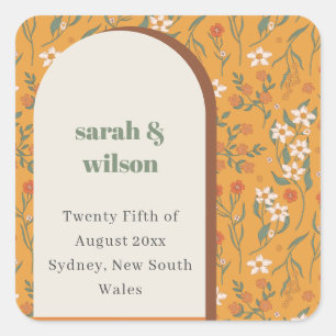 Sticker Carré Jaune Orange Groovy Rétro Fleurs en Arc Mariage