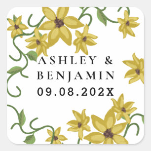 Sticker Carré Jaune Tournesol Floral Botanique Dessin à la Main 