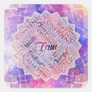 Sticker Carré Je suis Affirmations Word Cloud Art in lotus