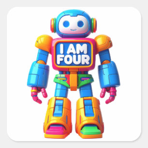 Sticker Carré Je suis quatre Robot pour enfants 4e Anniversaire