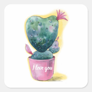 Sticker Carré Je t'aime Coeur de cactus mignon en fleur