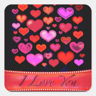 Sticker Carré JE T'AIME dessin rouge-rose gothique de coeurs