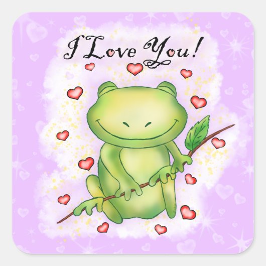 Sticker Carré "Je t'aime" Grenouille Heureuse Sainte-Valentin | (Devant)