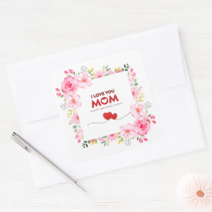 Sticker Carré Je t'aime Maman Bonne Fête des Mères Floral Rose
