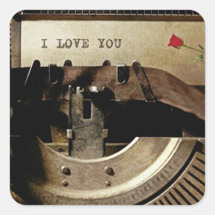 Sticker Carré Je t'aime, vieille machine à écrire Rose rouge vin
