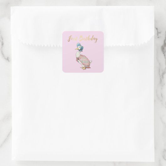 Sticker Carré Jemima Puddle Duck "Premier anniversaire" Texte (Sac)