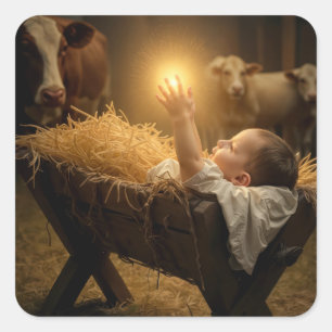 Sticker Carré Jésus bébé de Noël dans une crèche
