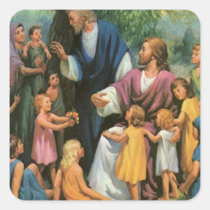 Sticker Carré Jésus-Christ bénissant les enfants, religion vinta
