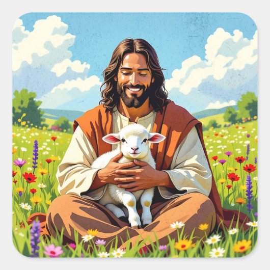 Sticker Carré Jesus holding a Lamb | Religious Christian (Devant)
