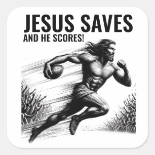 Sticker Carré Jésus Sauve et Il Marque - Jésus Mème de Football